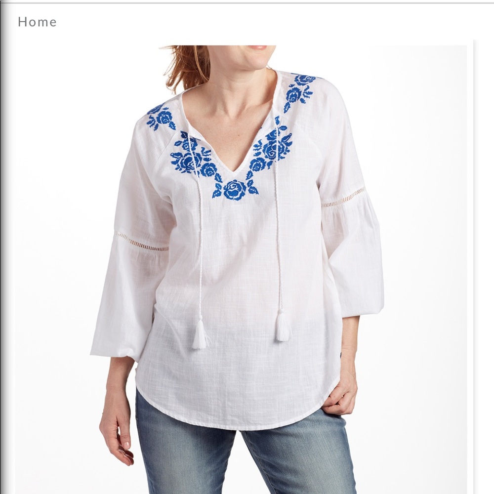 JAG Elliot EMBROIDERED poet popover tunic white Sz M NEW Boho Nautical